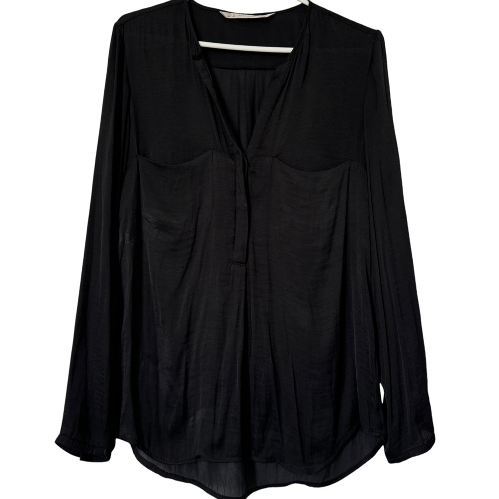 Zara Trafaluc Black Satin Long Sleeve Blouse